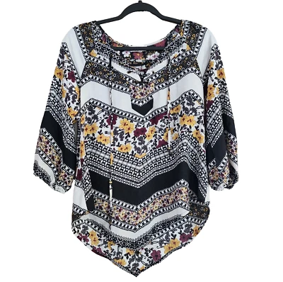 Soulmates Womens Popover Tunic Blouse Size S Floral V-Hem 3/4 Sleeve Lace Up Top - Image 1 of 4