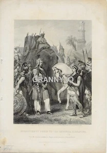 Grabado en acero de capilla de 1870, rendición de Porus al emperador de Alejandro - Imagen 1 de 5