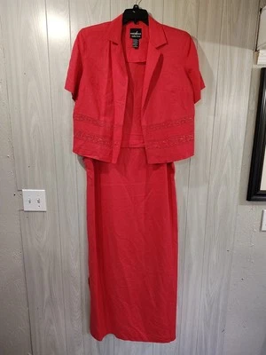 Positive Attitude 2 Piece Linen Maxi Dress Set Jacket Midi Embroidery sz 14 Pink - Image 1 of 4