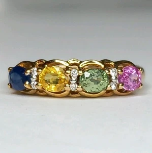9CT YELLOW GOLD MULTICOLOUR RAINBOW SAPPHIRE & DIAMOND HALF ETERNITY RING M½ - Picture 1 of 23