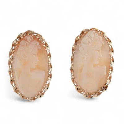 Vintage Cameo Omega Back Drop Earrings 14K Yellow Gold Bezel Set 1.22" Ladies - Image 1 of 4