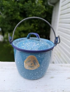 Vintage Blue Graniteware Salesman Sample Berry Bucket Enamelware w/ Lid Tres - Picture 1 of 7