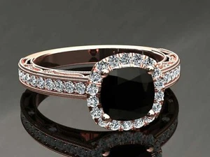 2ct Cushion Black Simulated Diamond Ring Milgrain Accent Halo Rose Gold Plated - Picture 1 of 6