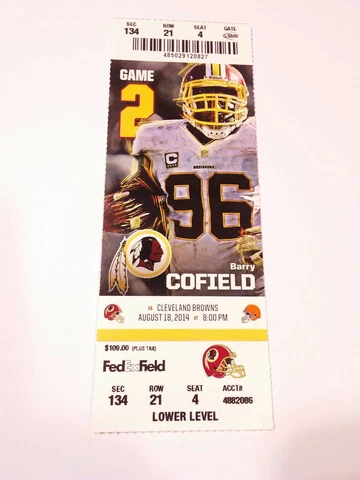 2014 Washington Redskins Cleveland Browns Football Full Ticket Stub Cover
