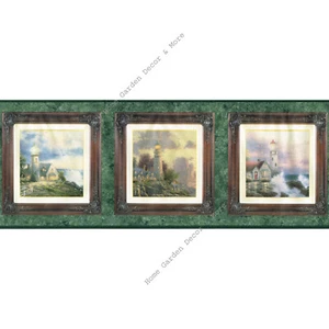 Thomas Kinkade Lighthouse in Ornate Frames Green Trim Wallpaper Border 10.25" W - Picture 1 of 4
