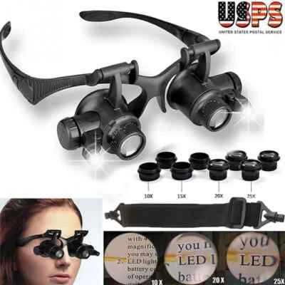 Double Eye Jewelry Watch Repair Magnifier Loupe Glasses With LED Light 8 Lens US - Image 1 of 4