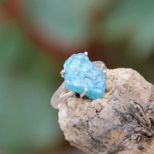 925 Sterling Silver Natural apatite Rough Aquamarine Prong Setting Handmade Ring - Picture 1 of 5