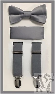 Gray NEW Boy's Clip Suspender Bow tie & Pocket Square Handkerchief 3 pieces set - Picture 1 of 1