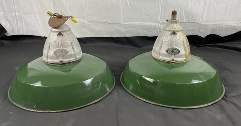 Vintage 1940s Pair Benjamin Type II-G Industrial Green Enamel 18” Pendant Lights Cover