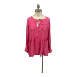 Counterparts Pink Large L Blouse Key Hole Lace Tie Long Sleeves Bell Cuff - Picture 1 of 4