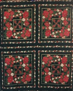 Cotton Fabric 4 Panels Christmas Poinsettias Flowers Berries Holly Gold Accents - Picture 1 of 4