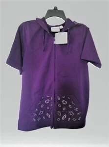 NWT  QUACKER FACTORY SHORT SLEEVE ZIP-UP W/ HOOD & ANIMAL DETAIL, PURPLE, MED - Picture 1 of 5