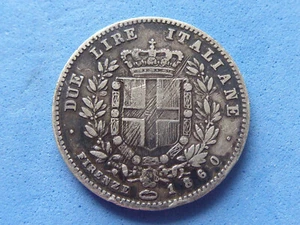 112) Italia Plata 2 Liras 1860 Arañazos Sobre Escudo Escaso £25.00 - Imagen 1 de 2