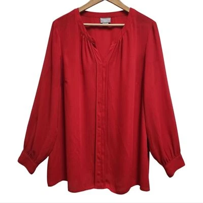 Liz Claiborne Top Womens Sz 1X Red V Neck Long Sleeve Semi Sheer Blouse Office - Image 1 of 4