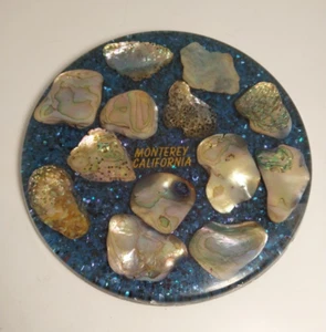 Vintage Abalone Shell Lucite Trivet Hot Plate Round MCM Blue Monterey California - Picture 1 of 7