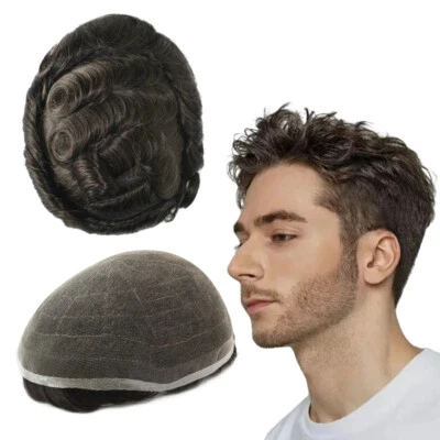 Toupee para Hombres Encaje Completo Sistema de Reemplazo de Cabello Humano Peces Naturales Negro Foto 1 de 4