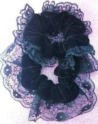 Negro Terciopelo Encaje Pelo Scrunchie Gótico Lolita Victoriano Elástico Princesa Ballet Foto 1 de 4