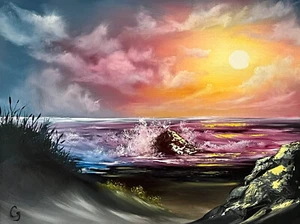 BEACH SUNSET WALL ART 14x18" LANDSCAPE OIL PAINTING ON CANVAS FRAMED, HOME DECOR - Picture 1 of 3
