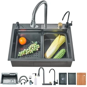 Stainless Steel Inset Kitchen Sink 60x45cm Single Bowl Mixer Taps with Waste Kit - Picture 1 of 16