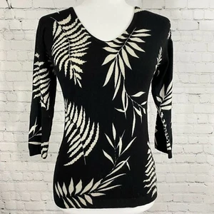 Maglione donna Melange scollo V bianco e nero foglie manica 3/4 small/med - Foto 1 di 9