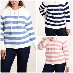 NEU DAMEN FRAUEN GESTREIFTER WEICHER STRICK HOODIE MIT REISSVERSCHLUSS WINTER HOODIES NEU MIT ETIKETT - Bild 1 von 25