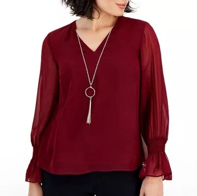 VNeck Blouse 3X sheer sleeves  smocked cuffs Elegant Preppy Feminine  Burgundy - Image 1 of 4