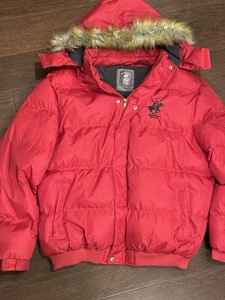 Beverly Hills Polo Club Red Puffer Jacket L Fur Trim Hood Removable - Picture 1 of 10