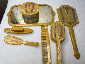 Vintage Art Deco Butterscotch Celluloid Vanity 7 Pc Set Including Brush Mirror + - Picture 1 of 14