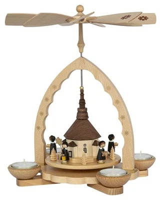 Iglesia y villancicos pirámide Seiffen con candelabros y velas altura natural Foto 1 de 3