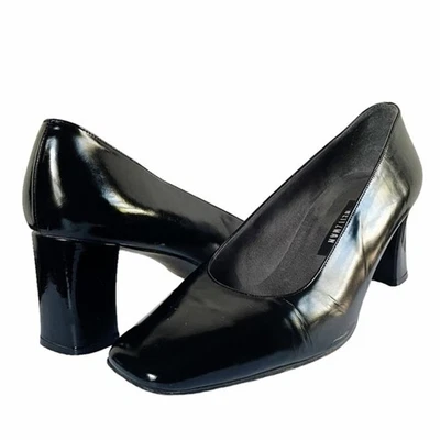 Stuart Weitzman Black Polished Leather Square Toe Block Heel Women’s Size 8W - Image 1 of 4