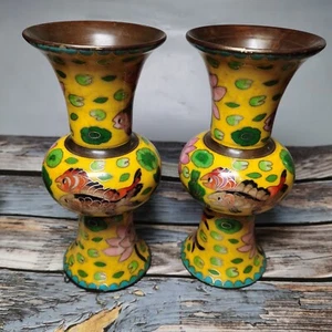 Exquisite noble china copper Cloisonne enamel fish lotus flower bottle pair vase - Picture 1 of 9