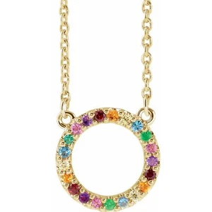 14k Yellow Gold Multi-Gemstone Rainbow Circle Pendant Necklace 16" for Her 1.94g - Picture 1 of 1