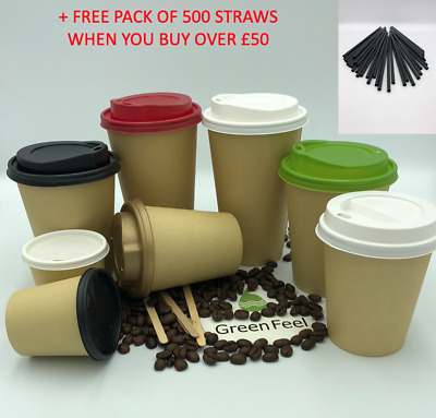 4/8/12/16oz Kraft Paper Cups Coffee Tea Cups Brown Cups For Hot Drinks With Lids • 3.50£