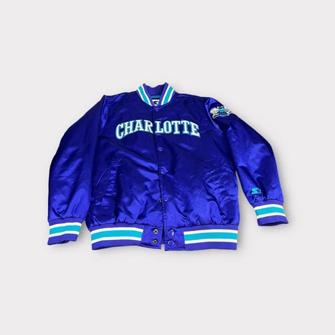 STARTER Charlotte Hornets Varsity Bomber Jacket Men LARGE Blue Purple Satin NBA Cover
