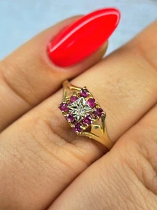 Vintage 9ct Yellow Gold Diamond Ruby Ring Square Cluster Ring size M+ - Picture 1 of 8