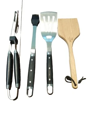 Pampered Chef BBQ Grilling Tools Fork Spatula Tongs Wood Scraper Set Of 4 - Image 1 of 2