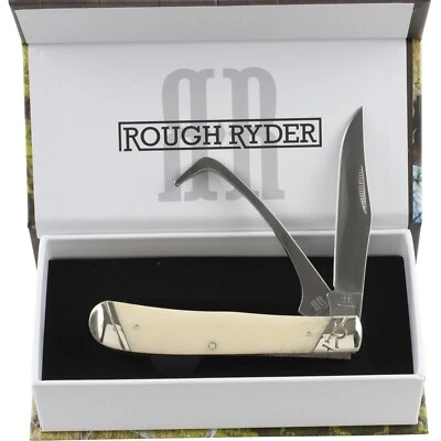 Cuchillo de bolsillo Rough Rider White Smooth Bone Equestrian Trapper RR1972 Pico de pezuña Foto 1 de 2