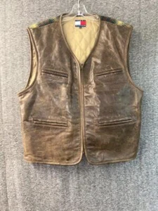 Vintage Tommy Hilfiger Leather Men's Vest Plaid Back w/ Pockets - Picture 1 of 9