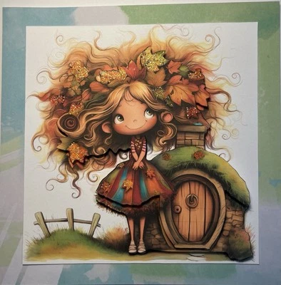 Tarjeta de felicitación hecha a mano arte 3D otoño hadas diseño chatarra por Kim Foto 1 de 2