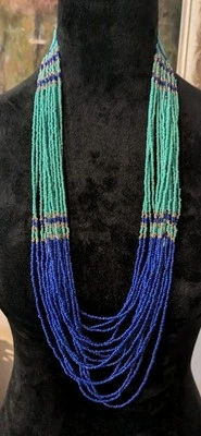 Boho Seed Bead Multi Strand Royal Blue & Turquoise Color Necklace India S Graver - Image 1 of 4