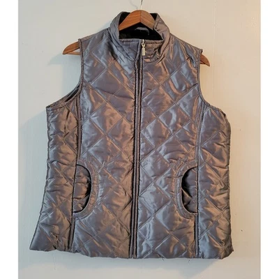 Jane Ashley XL Quilted Puffer Vest Sleeveless Jacket Pockets Shiny Silver Gray - Image 1 of 4