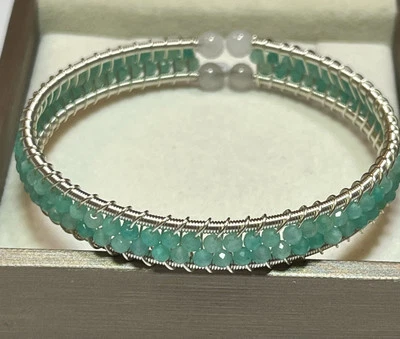 Natural Faceted Blue Green Amazonite Stretch Bangle Bracelet - Image 1 of 4