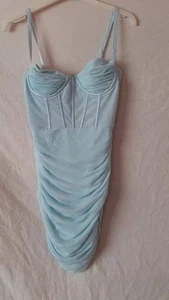 Damen hellblau figurbetont Träger dehnbar gerafft Minikleid. Größe 6. Oh Polly - Bild 1 von 4