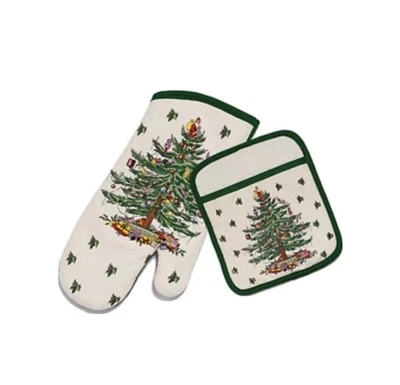 Spode Christmas Tree Potholder & Oven Mitt Pot Holder 2 Pc Kitchen Set / NEW - Image 1 of 4