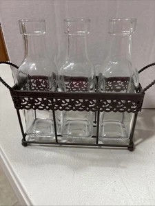 Carrito de metal negro con 3 botellas de vidrio - Imagen 1 de 2