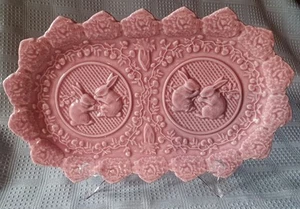 Bordallo Pinheiro Pink Bunny Rabbit Ceramic Tray 13"L Serving Plate Portugal - Picture 1 of 9