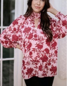 Veronica M Dark Floral Pink Mock Neck Blouse Size Small - Picture 1 of 12