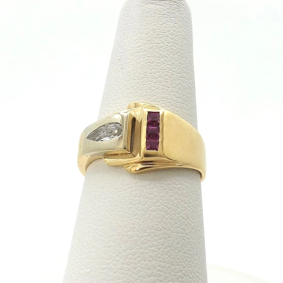 14k Gold Lab Created Ruby Natural Pear Diamond Ring Flush Burnish Setting Unisex - Image 1 of 4