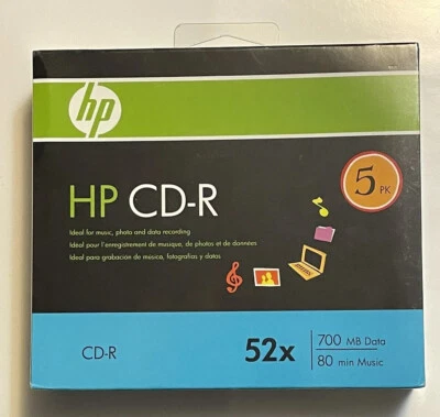 HP CD-R PAQUETE DE 5 700 MB Datos 80 Min Música 52x de 2007 Taiwán en estuches sellados Foto 1 de 4