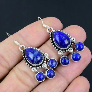 Lapis Lazuli Gemstone Handmade 925 Sterling Silver Jewelry Earring 1.85"